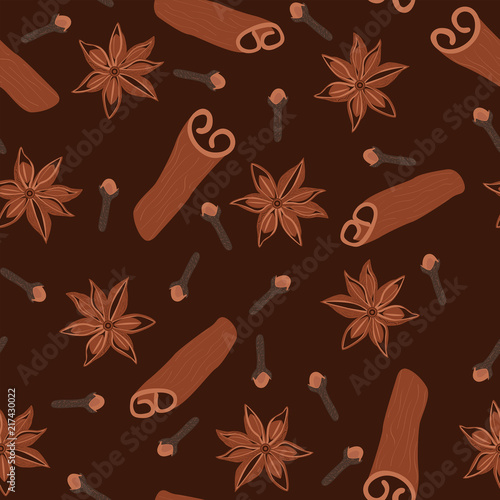 Cinnamon background. Cinnamon seasoning on a brown background. Seamless vector pattern.