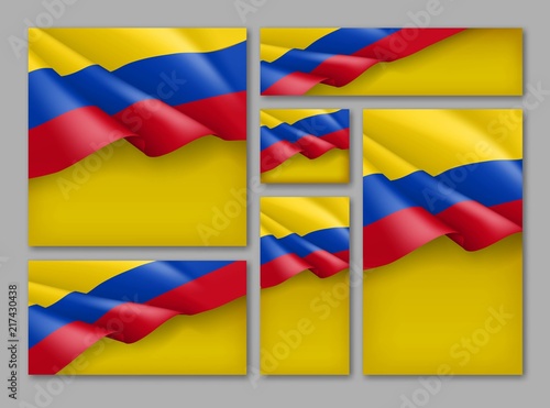 Colombian patriotic festive banners set. Realistic waving colombian tricolor on yellow background. Independence, democracy and freedom vector layouts. Colombia republic day concept with space for text