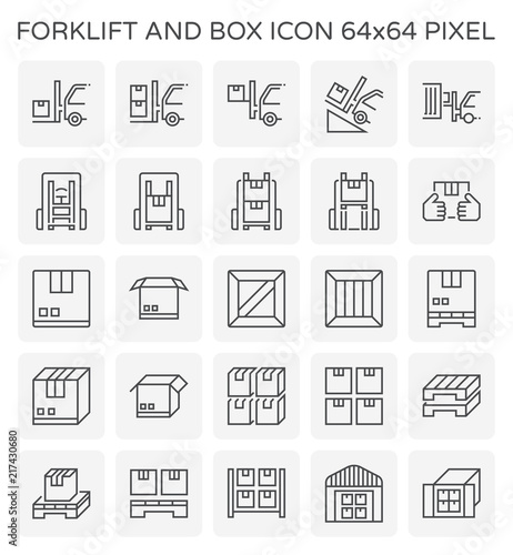 Forklift vector icon. May called fork or lift truck. Include stack of wood crate, cardboard box on pallet for industry i.e. storage, distribution warehouse. Also freight transport, logistic, shipping.