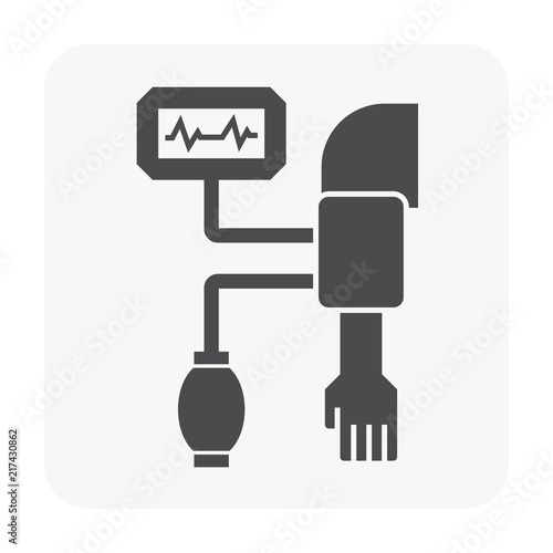 Blood pressure monitor vector icon may called sphygmomanometer consist of arm, digital meter, pulse, air pump. Electronic device or health care equipment for patient, doctor to control hypertension.