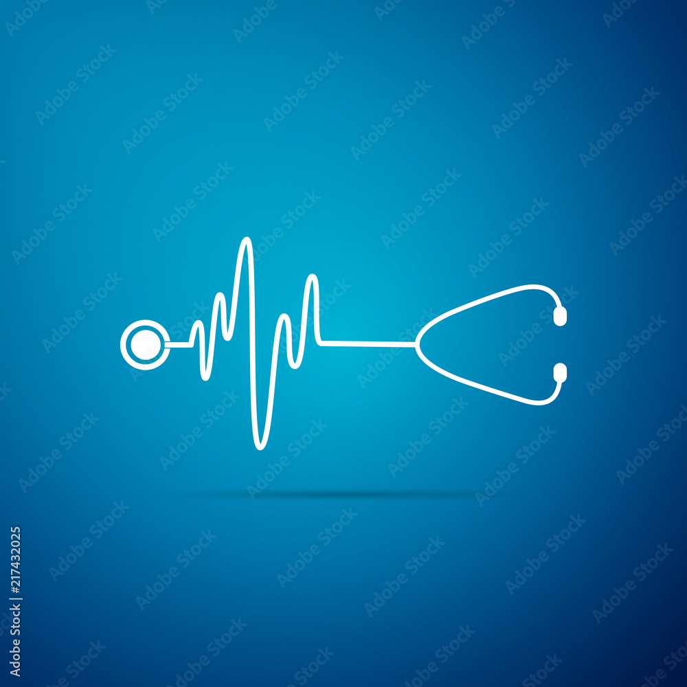 Stethoscope with a heart beat icon isolated on blue background. Medical ...