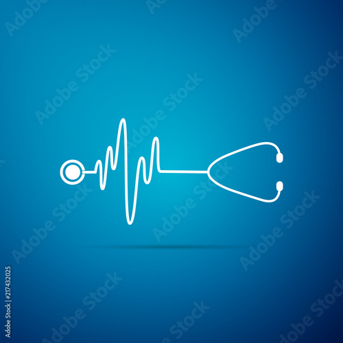 Stethoscope with a heart beat icon isolated on blue background. Medical concept. Pulse care symbol. Flat design. Vector Illustration
