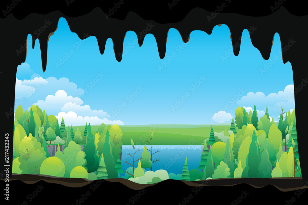 Fototapeta premium Scenery of waterfall view from inside the cave. Vector nature background