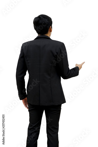 Rear view of male businessman pointing fingers up