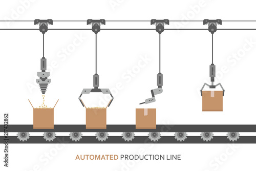 Automated production line. Automatic production conveyor. Robotic industry concept 