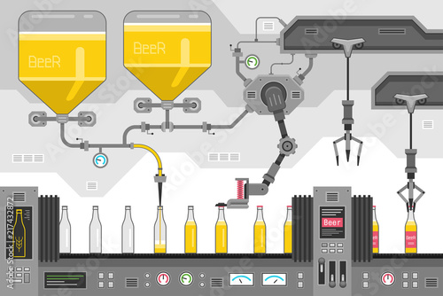 Beer bottles on the conveyor belt. Automatic production conveyor. Robotic industry concept