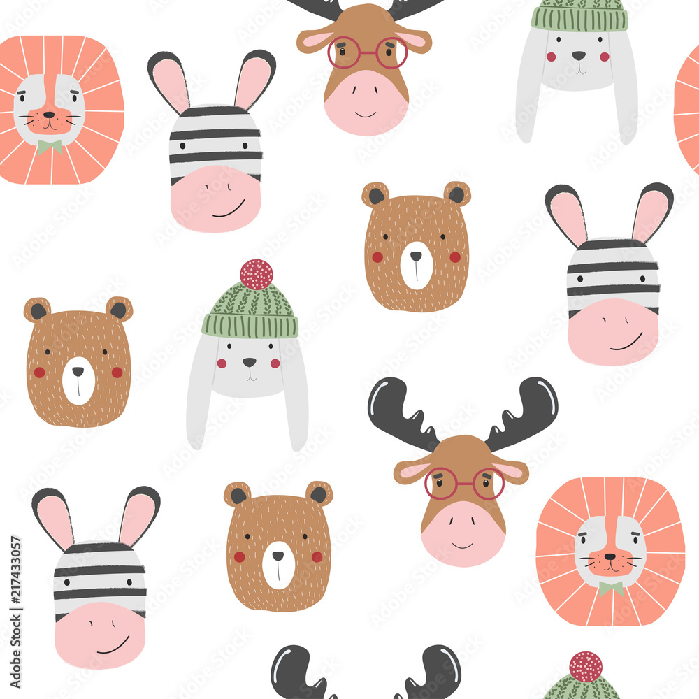 Funny animals faces seamless pattern. Vector hand drawn illustration.