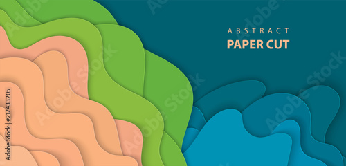 Vector background with blue, green and beige colors paper cut shapes. 3D abstract paper art style, design layout for business presentations, flyers, posters, prints, decoration, cards, brochure cover.
