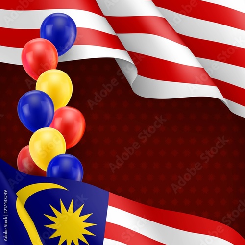 Malaysian patriotic banner with space for text. Realistic waving malaysian flag and colorful balloons decoration on vinous background. Independence and freedom vector illustration in national colors