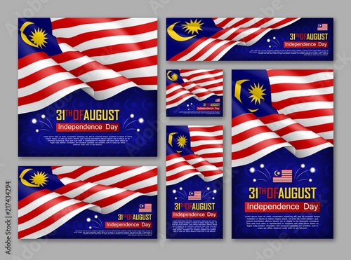 Malaysian Independence day celebration posters set. 31th of August felicitation greeting vector illustration. Realistic backgrounds with malaysian flag. Malaysian national patriotic holiday.