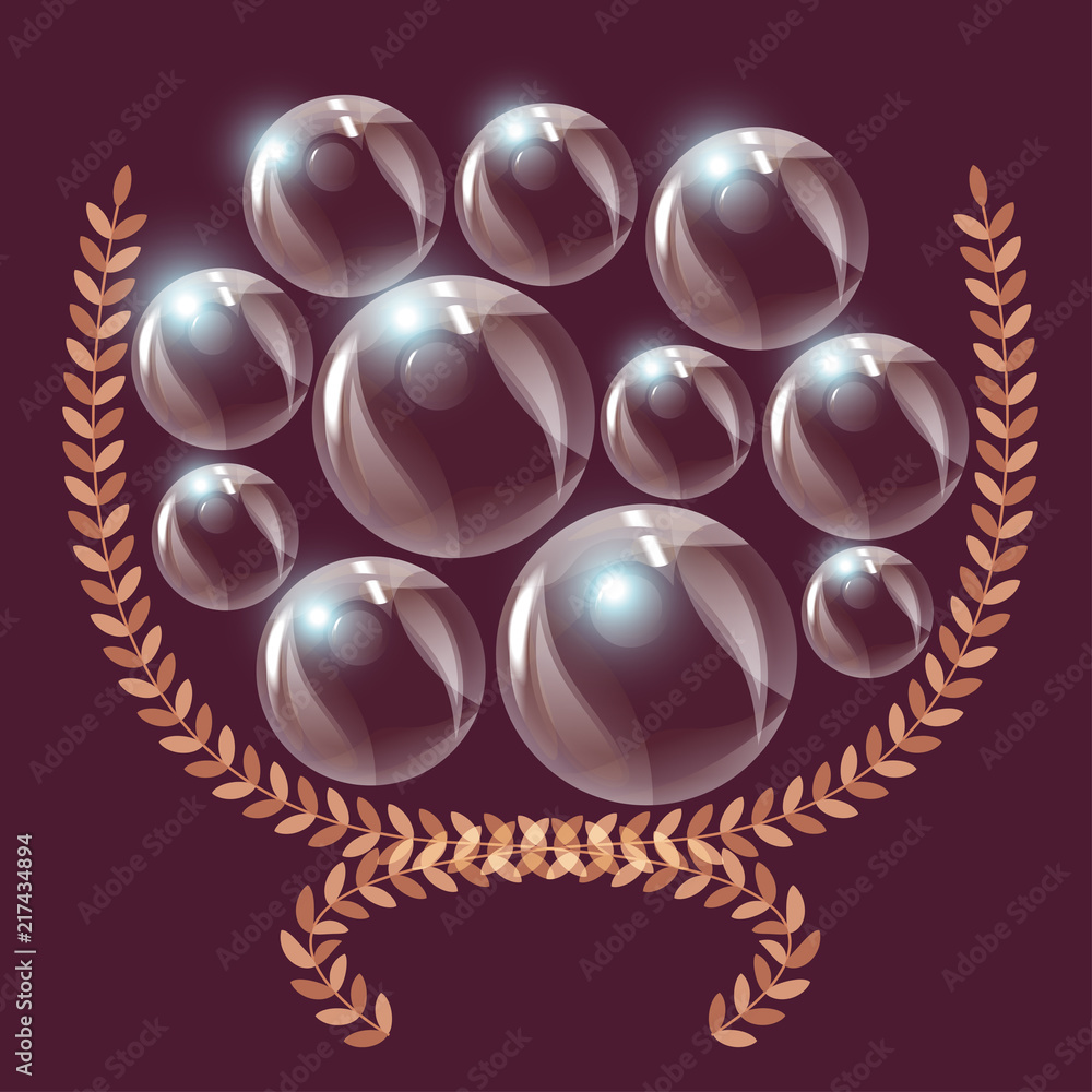 Fototapeta premium Floral frame and bubbles. Vector illustration of shiny bubbles in a laurel frame on a burgundy background.