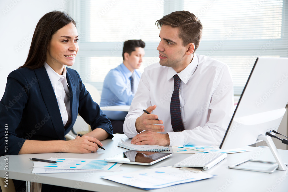 Businessman tells to colleague about a new project Businessman tells to colleague about a new project