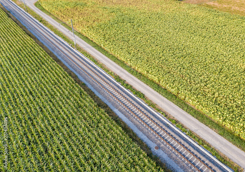 Aerial view of straight railroad tracks through farmland in Switzerland