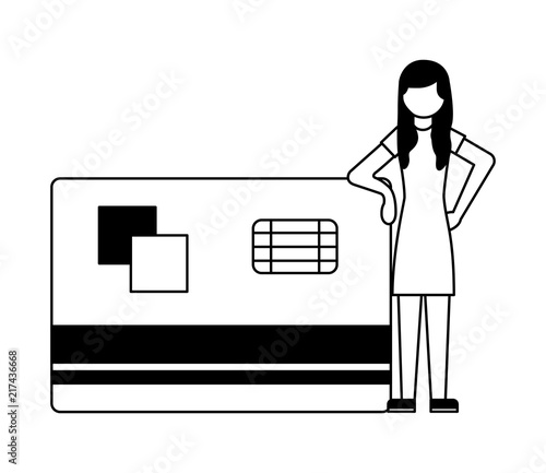 woman standing near big credit card bank