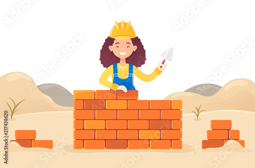 A woman builder with a trowel in her hand builds a brick wall. Against the backdrop of snowdrifts and the formation of material. Housing construction. Flat composition, isolated on white background