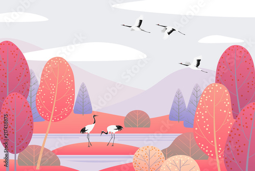 Nature Scene with Japanese Cranes and Autumn Trees