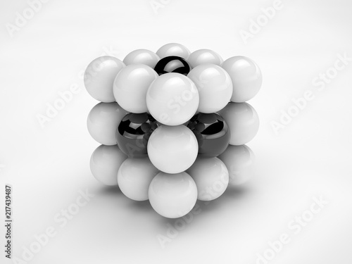 the image of a cube formed by balls  spheres  white and black colors  isolated on a white background. Abstraction on a white background. 3D rendering. The symbol of the order the idea of harmony.