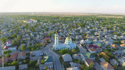 Aerial footage of Vilkovo city center - top view of church in summer, Odessa region, Ukraine