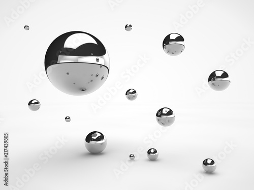 Fototapeta Naklejka Na Ścianę i Meble -  the image of the array floating in space metal of spheres, of different sizes, balls with reflections, the idea of weightlessness, of order and beauty. Illustration on white background. 3D rendering