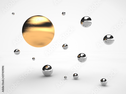 the image of the array floating in space gold and silver spheres of different size balls with scratches on the surface, the idea of order. Illustration on white background. 3D rendering