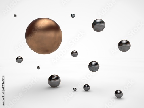 the image of the array in space flying silver spheres of different size, and one large bronze bowl with scratches on the surface. Illustration on white background. 3D rendering