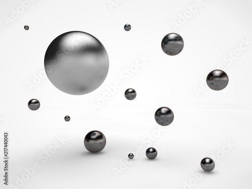 the image array flying in the space of the old iron spheres of different sizes, balls with spots and scratches on the surface, the idea of order. Illustration on white background. 3D rendering