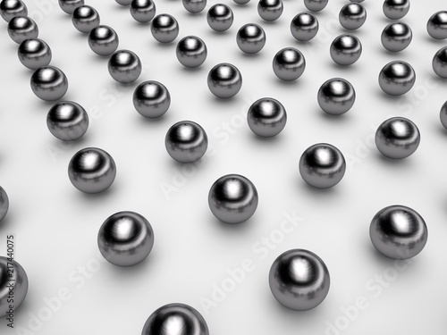 many steel balls at the surface with reflections on the surface, in a strict order, casting a shadow on the surface. Illustration on white background, isolated. 3D rendering