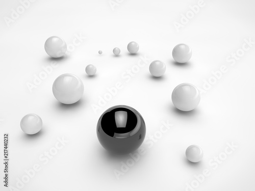 Large black ball and white balls randomly scattered on the surface of a sphere of different sizes. The idea of disorder and chaos. Abstraction, picture isolated on white background. 3D redering.