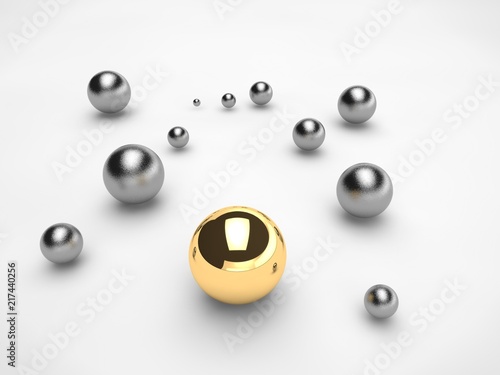 Large gold ball and silver balls scattered on the surface of a sphere of different sizes. The idea of disorder and chaos. Abstraction, picture isolated on white background. 3D redering.