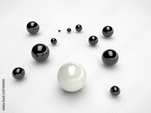 The big white ball and black balls randomly scattered on the surface of a sphere of different sizes. The idea of disorder and chaos. Abstraction, picture isolated on white background. 3D redering.