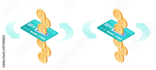 The exchange of euros to dollars. The currency conversion process. Flat vector isometric illustration of euro coins, metal dollars, bank card. The banking via credit card, money, business concept.