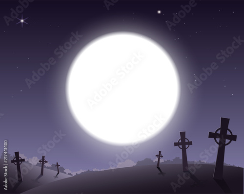 Scary background for Halloween cemetery with crosses and full moon in sky