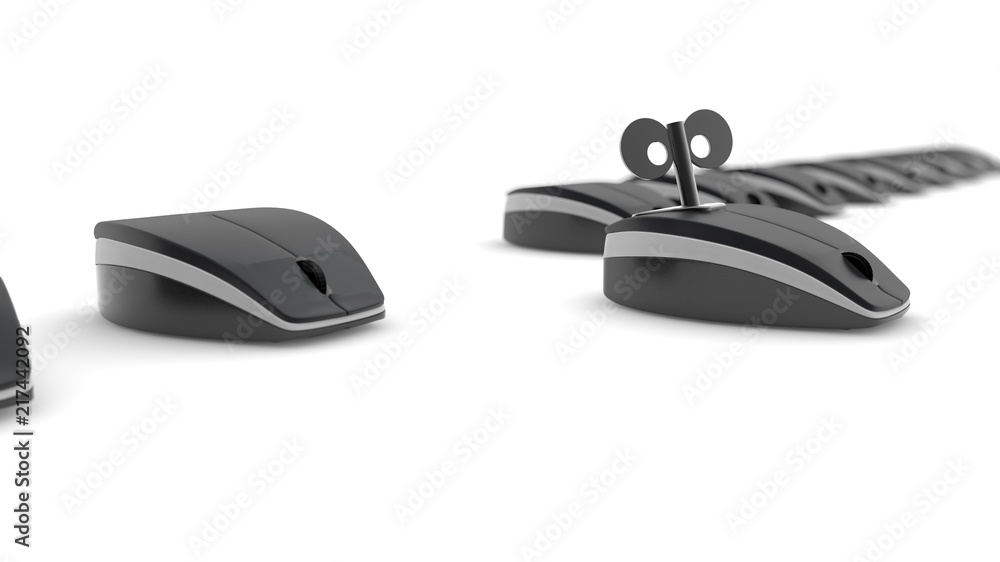 Image the many computer mice, standing in a row, black color and one of a computer mouse with a key and a clockwork spring mechanism standing in front of. The idea of winning, speed. 3D rendering. Image the many computer mice, standing in a row, black color and one of a computer mouse with a key and a clockwork spring mechanism standing in front of. The idea of winning, speed. 3D rendering.