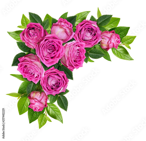 Pink rose flowers and green leaves in a corner floral arrangement