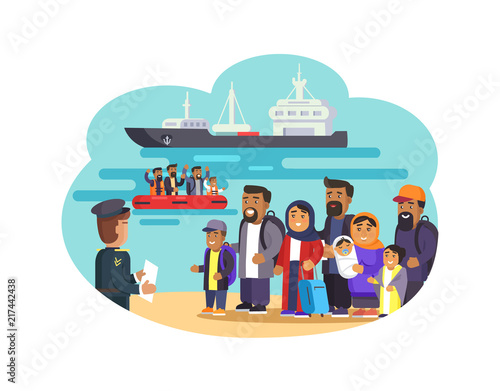 Cheerful Refugees on Sea Beach Vector Illustration