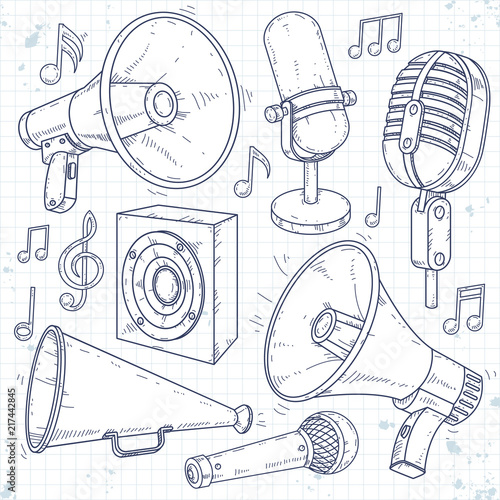 Speaker, horn, microphone and speaker surrounded by music notes