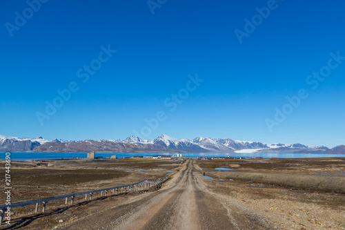 street to Ny Alesund town  Svalbard  Spitsbergen  blue sky
