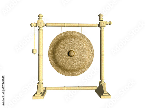 Goldener Gong an Bambusgitter aufgehängt
