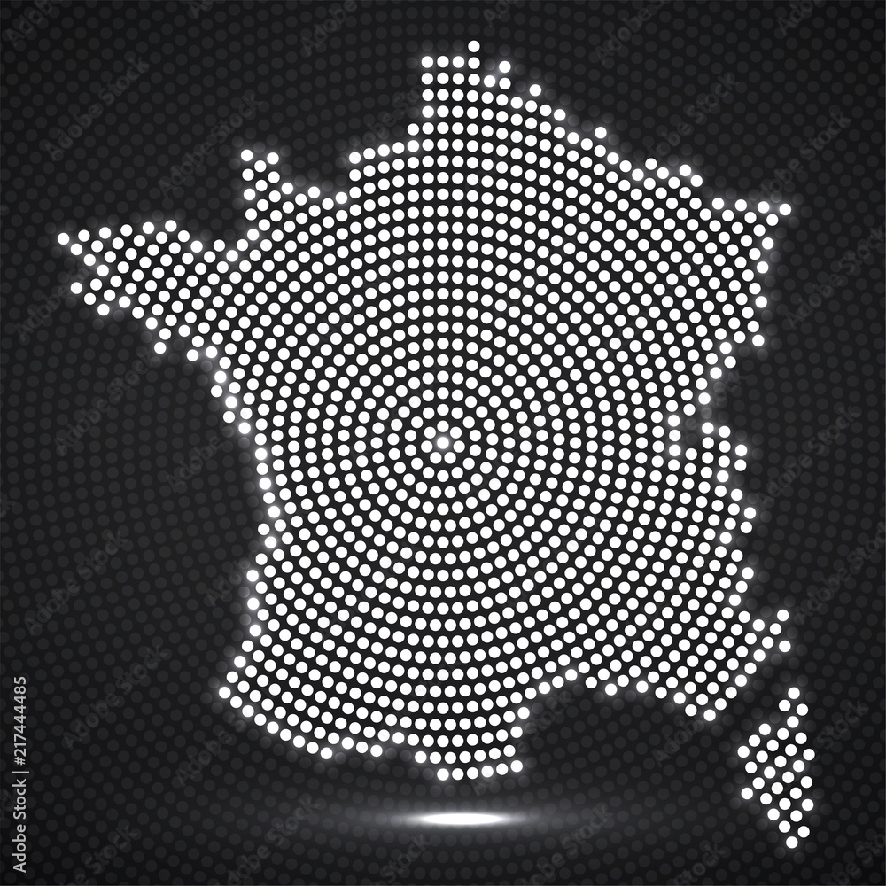 Abstract France map of glowing radial dots, halftone concept