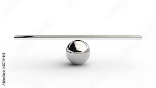 a silver sphere and a balancing rod on it. The idea of balance and precision. The ideal of perfectionist. 3D rendering on white background. photo