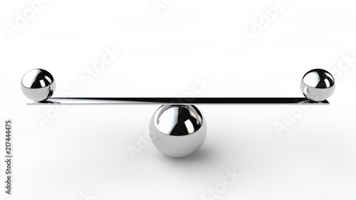 a silver sphere and a balancing rod with small .the metal balls. The idea of balance and precision. The ideal of perfectionist. 3D rendering on white background.
