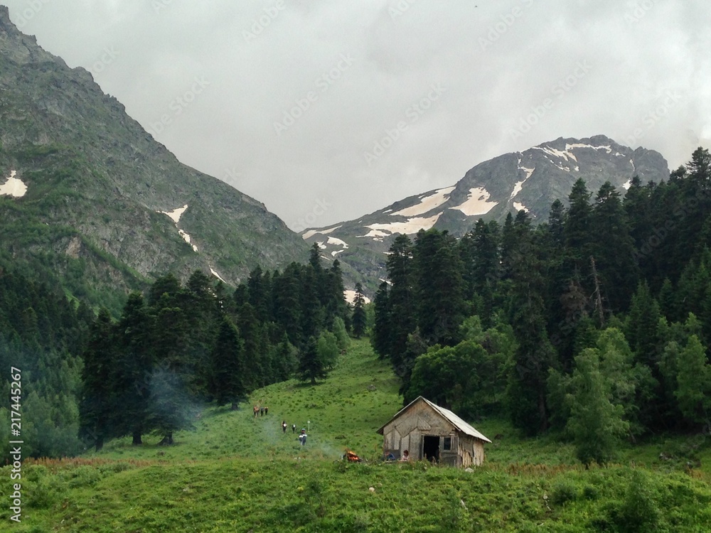 green, alpine, mountain, hut, lonely, landscape, caucasus, russia