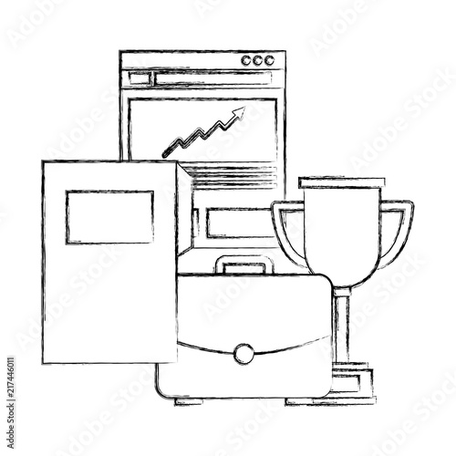 business folder chart trophy and briefcase