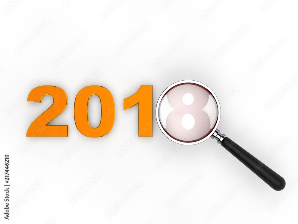 Gold in 2018 and a magnifying glass, magnifier, considering figure 8, the idea of the search, improve, navigation. The idea for the calendar. 3D rendering Gold in 2018 and a magnifying glass, magnifier, considering figure 8, the idea of the search, improve, navigation. The idea for the calendar. 3D rendering