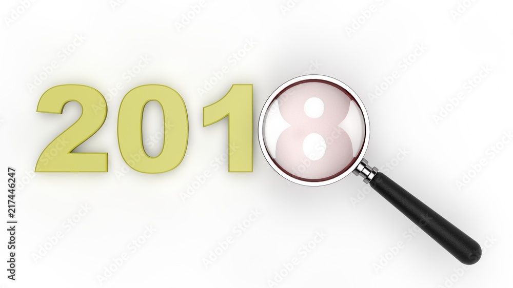 Gold in 2018 and a magnifying glass, loupe, examining the red number 8, the idea of the search, improve, navigation. The idea for the calendar. 3D rendering on white background. Gold in 2018 and a magnifying glass, loupe, examining the red number 8, the idea of the search, improve, navigation. The idea for the calendar. 3D rendering on white background.