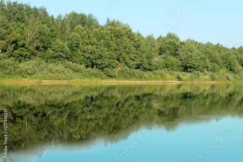 The green forest is mirrored in the water