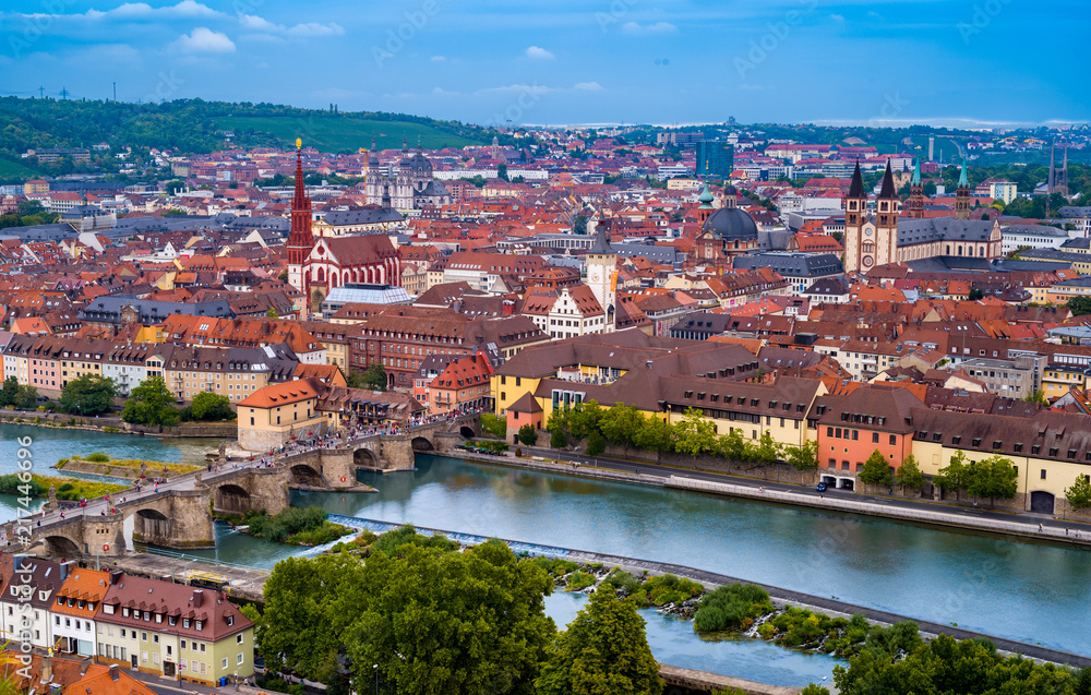 Aerial view of  old  Bridge across the Main river  and historic buildings in  Wurzburg, Germany.
