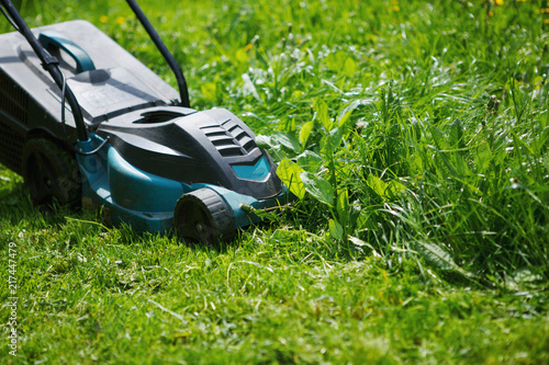 Cutting green grass lawn mower.