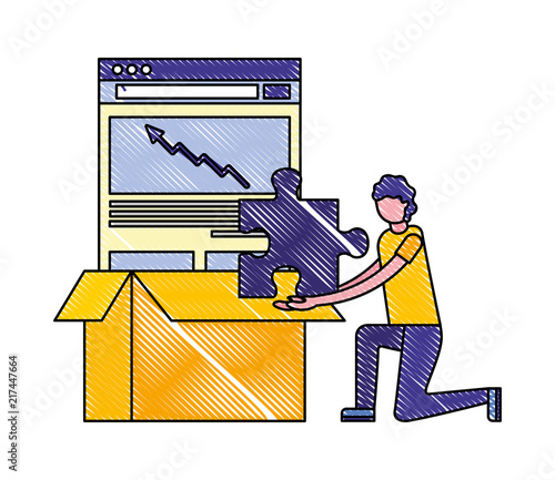 man with puzzle and chart report in to cardboard box