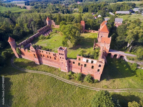 Aerial view of ruins of medieval teutonic knights castle in Szymbark, Poland (former Schonberg, East Prussia) photo